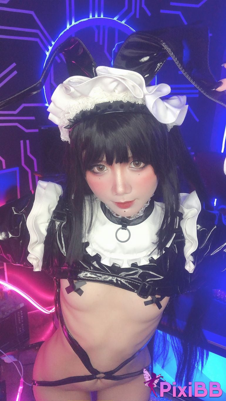 Cosplayer PoppaChan Zenith Bunny Black rubber socks cross breast patch PixiBB.COM 034