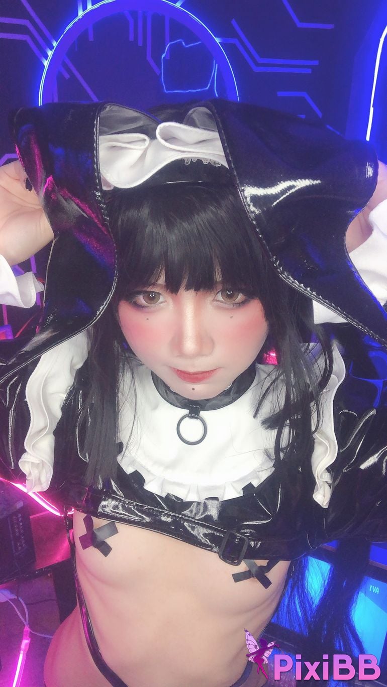 Cosplayer PoppaChan Zenith Bunny Black rubber socks cross breast patch PixiBB.COM 040