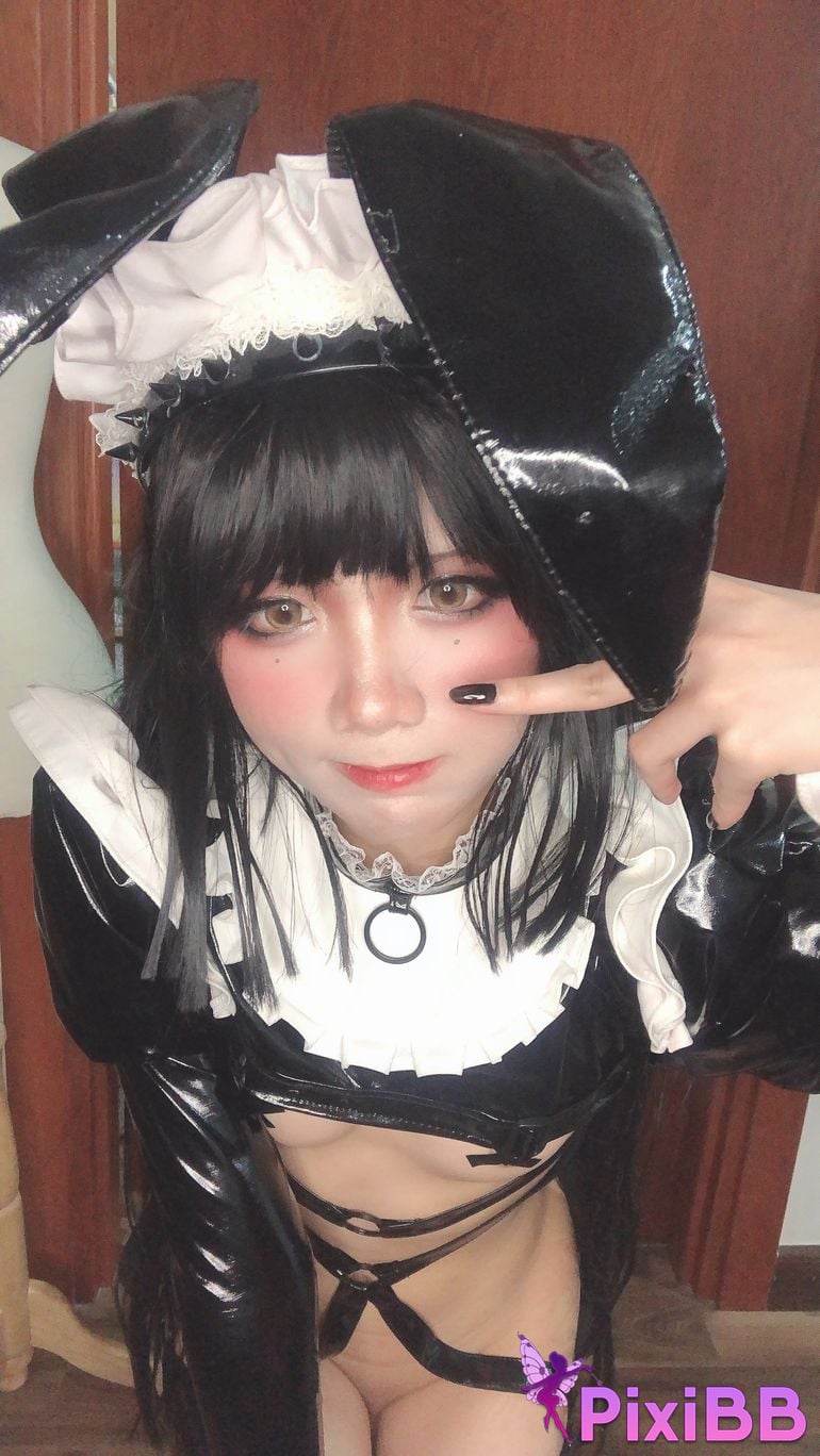 Cosplayer PoppaChan Zenith Bunny Black rubber socks cross breast patch PixiBB.COM 041