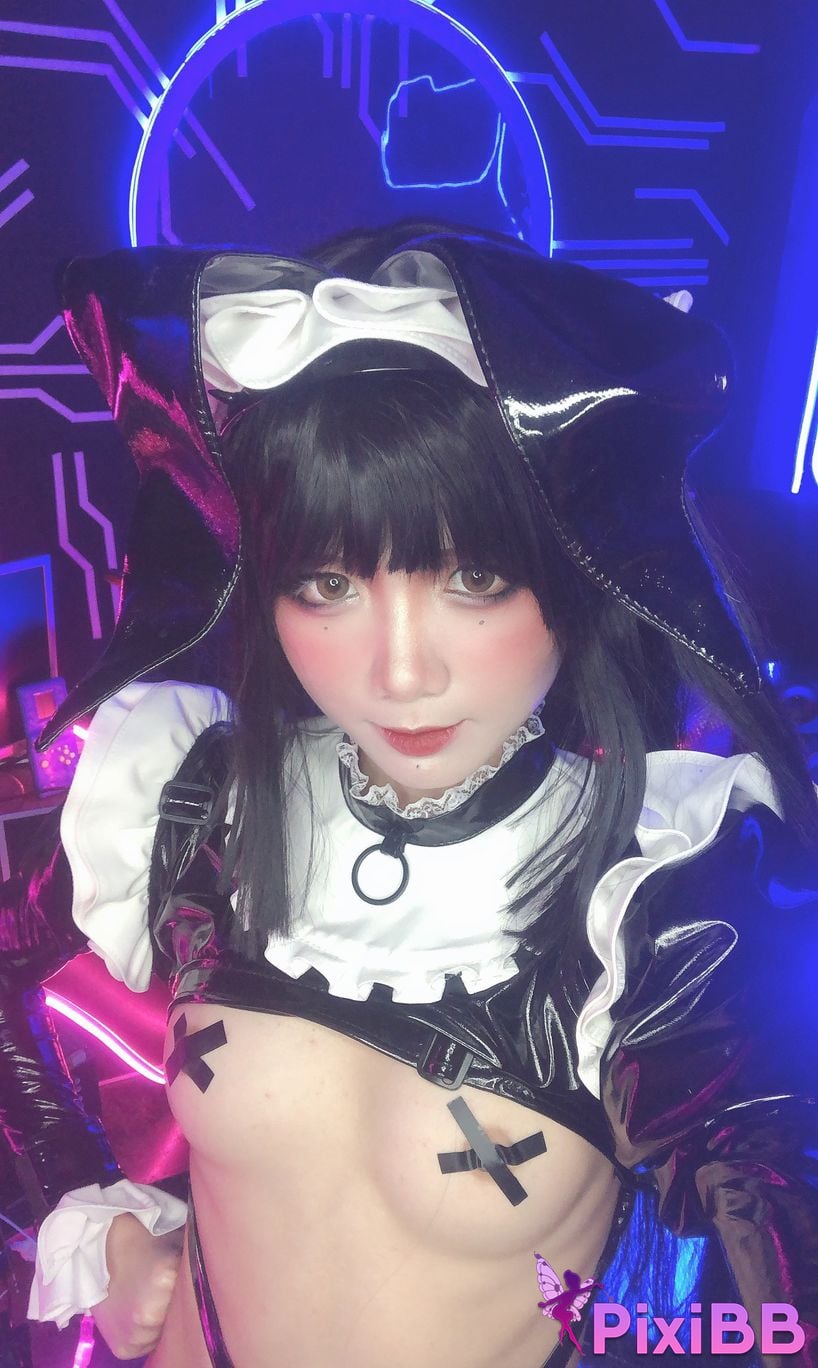 Cosplayer PoppaChan Zenith Bunny Black rubber socks cross breast patch PixiBB.COM 042