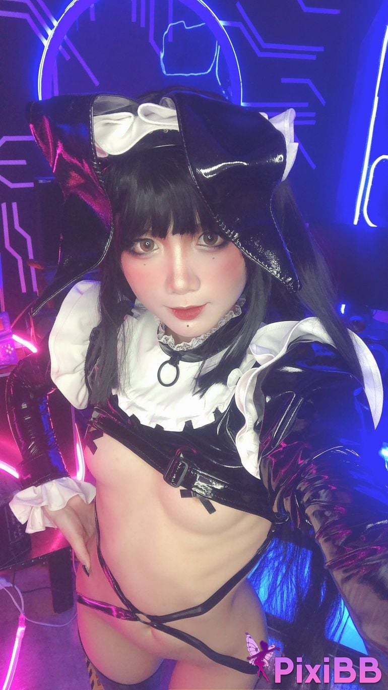 Cosplayer PoppaChan Zenith Bunny Black rubber socks cross breast patch PixiBB.COM 046