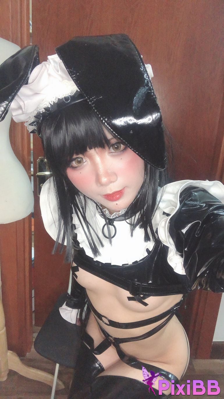 Cosplayer PoppaChan Zenith Bunny Black rubber socks cross breast patch PixiBB.COM 047