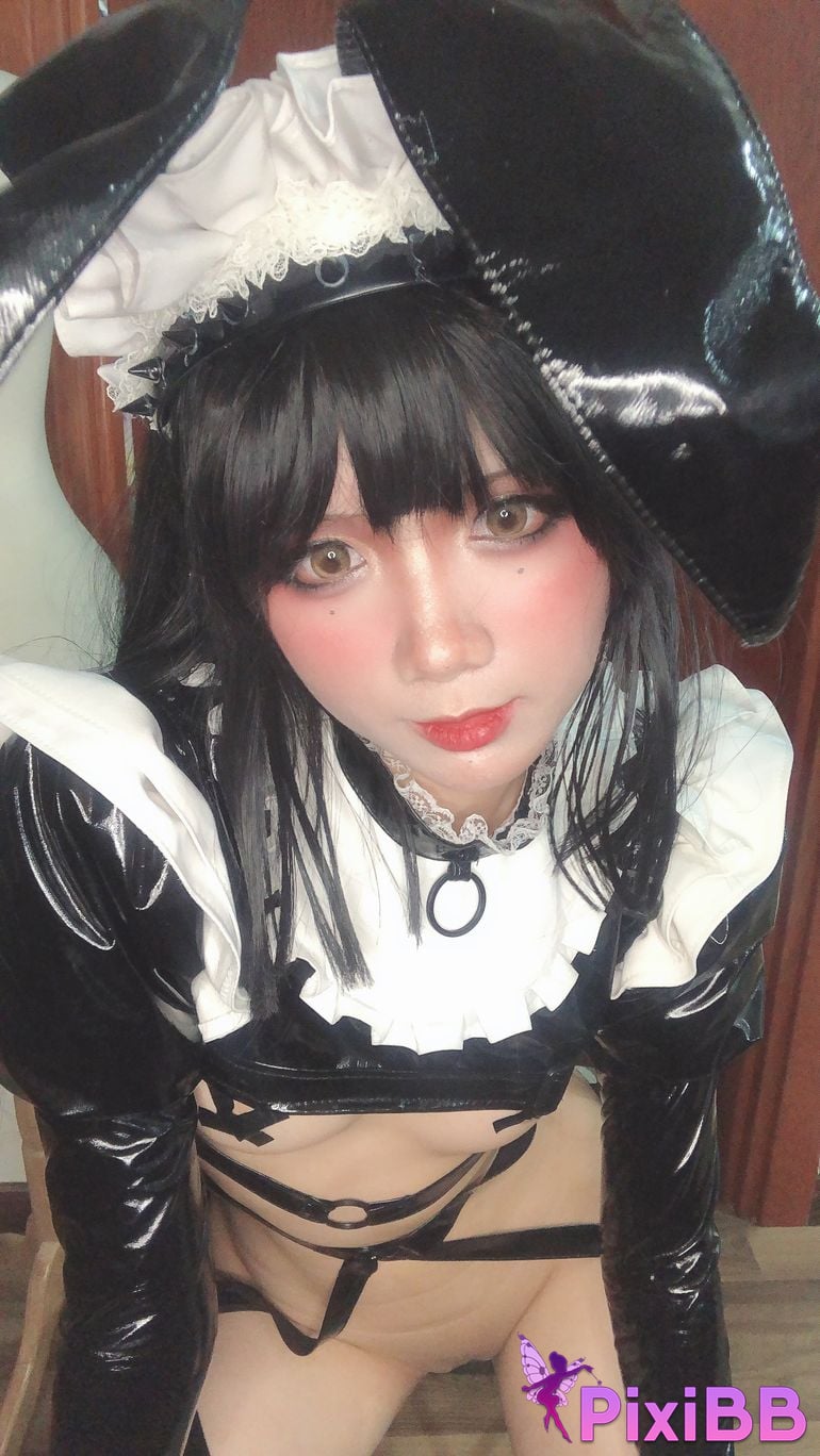 Cosplayer PoppaChan Zenith Bunny Black rubber socks cross breast patch PixiBB.COM 049