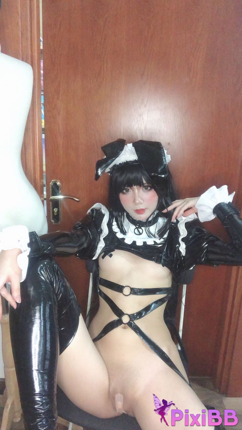 Cosplayer PoppaChan Zenith Bunny Black rubber socks cross breast patch PixiBB.COM 058