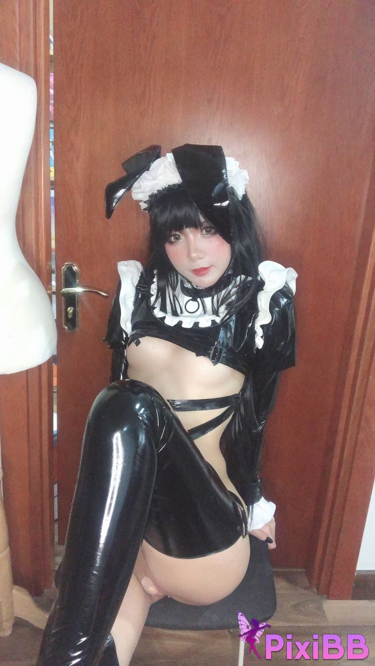 Cosplayer PoppaChan Zenith Bunny Black rubber socks cross breast patch PixiBB.COM 062