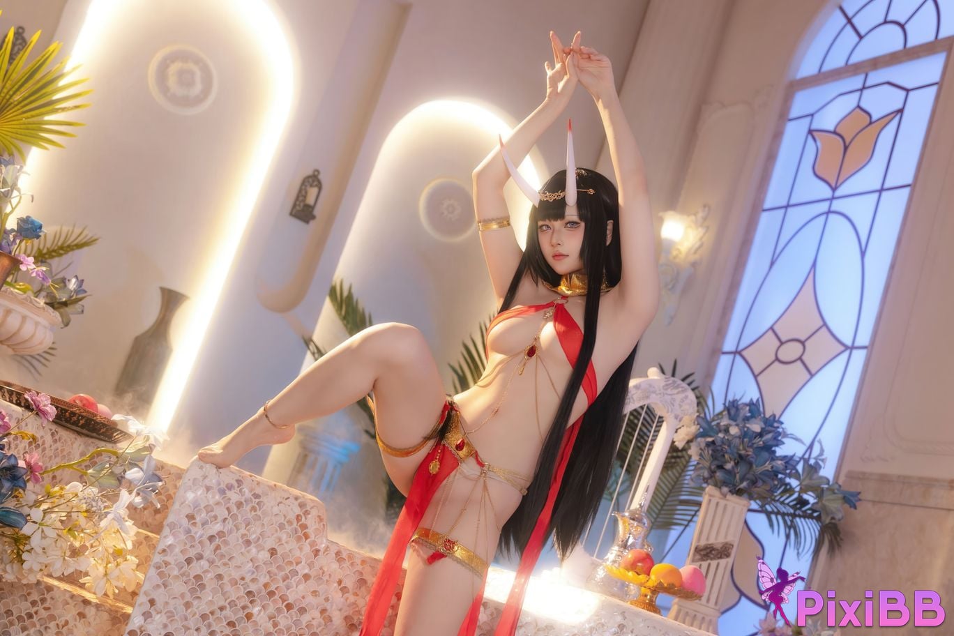 Cosplayer Island fish azur lane Noshiro Red gauze bath shadow PixiBB.COM 002