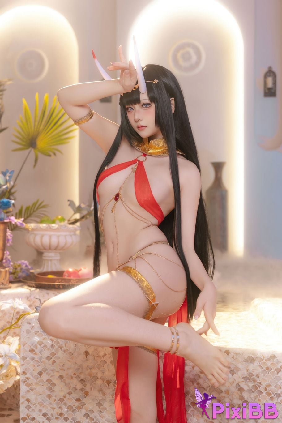 Cosplayer Island fish azur lane Noshiro Red gauze bath shadow PixiBB.COM 005