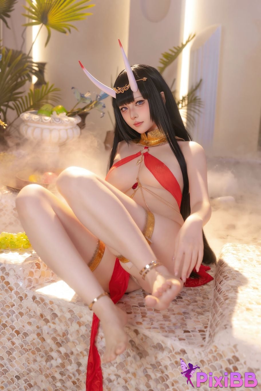 Cosplayer Island fish azur lane Noshiro Red gauze bath shadow PixiBB.COM 014