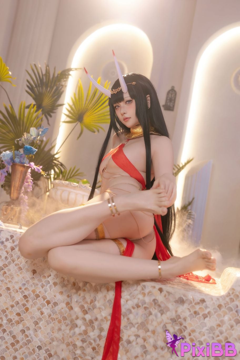 Cosplayer Island fish azur lane Noshiro Red gauze bath shadow PixiBB.COM 016