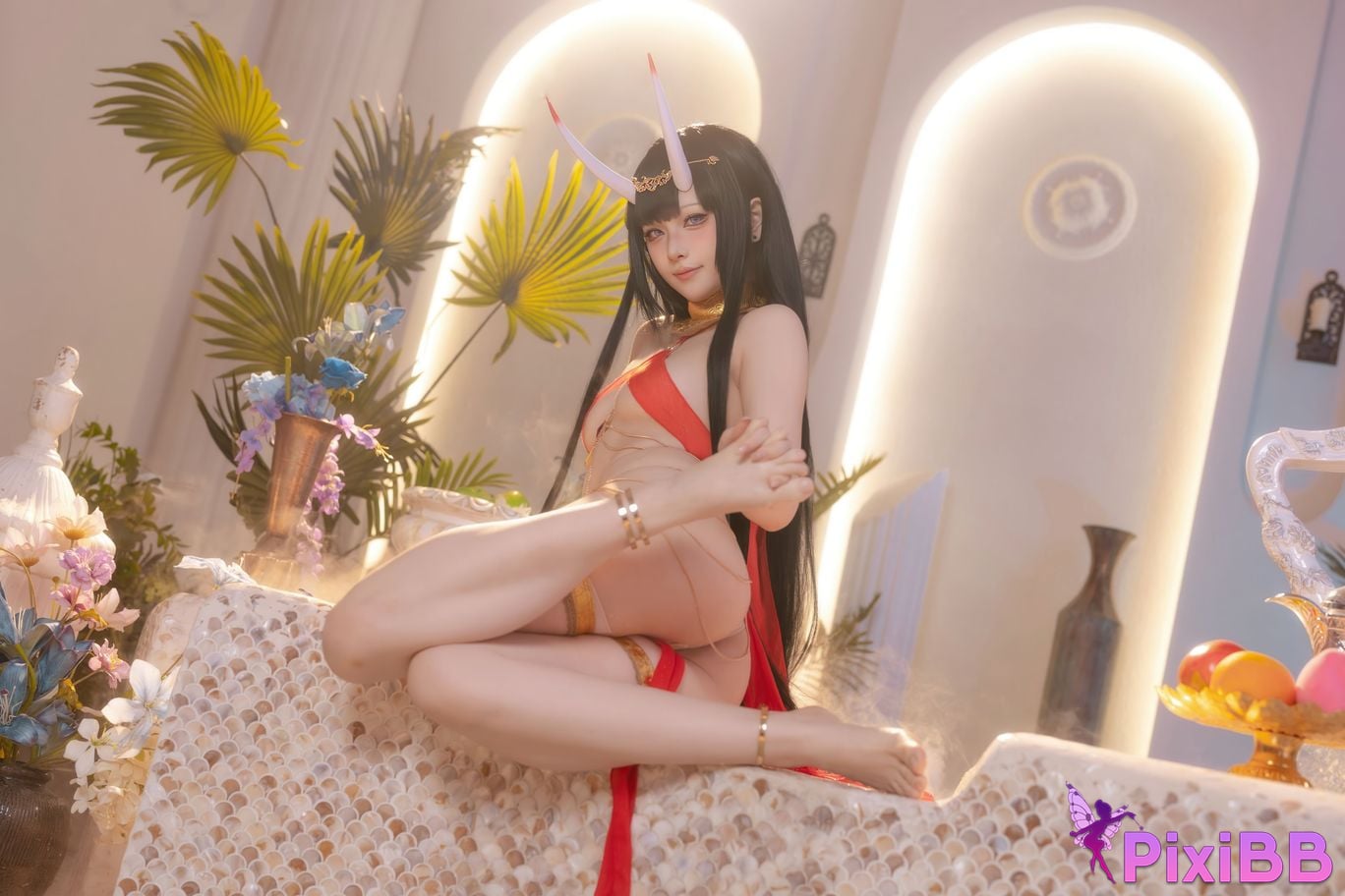 Cosplayer Island fish azur lane Noshiro Red gauze bath shadow PixiBB.COM 017