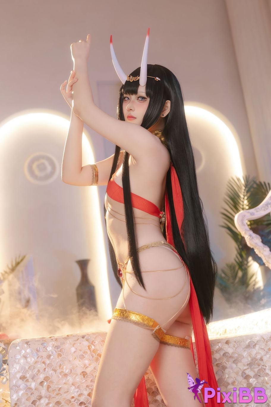 Cosplayer Island fish azur lane Noshiro Red gauze bath shadow PixiBB.COM 020