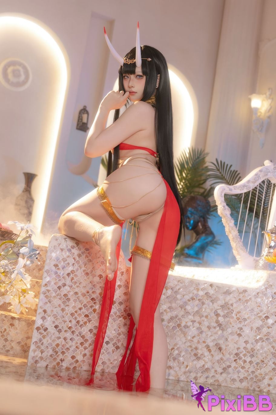 Cosplayer Island fish azur lane Noshiro Red gauze bath shadow PixiBB.COM 030