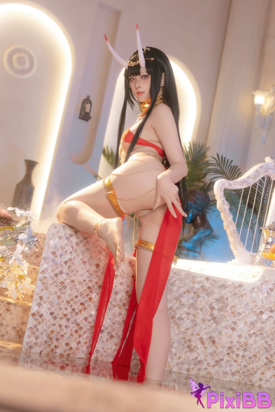 Cosplayer Island fish azur lane Noshiro Red gauze bath shadow PixiBB.COM 031