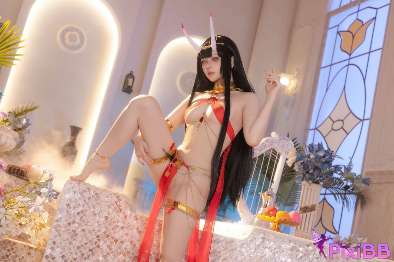 Cosplayer Island fish azur lane Noshiro Red gauze bath shadow PixiBB.COM 032