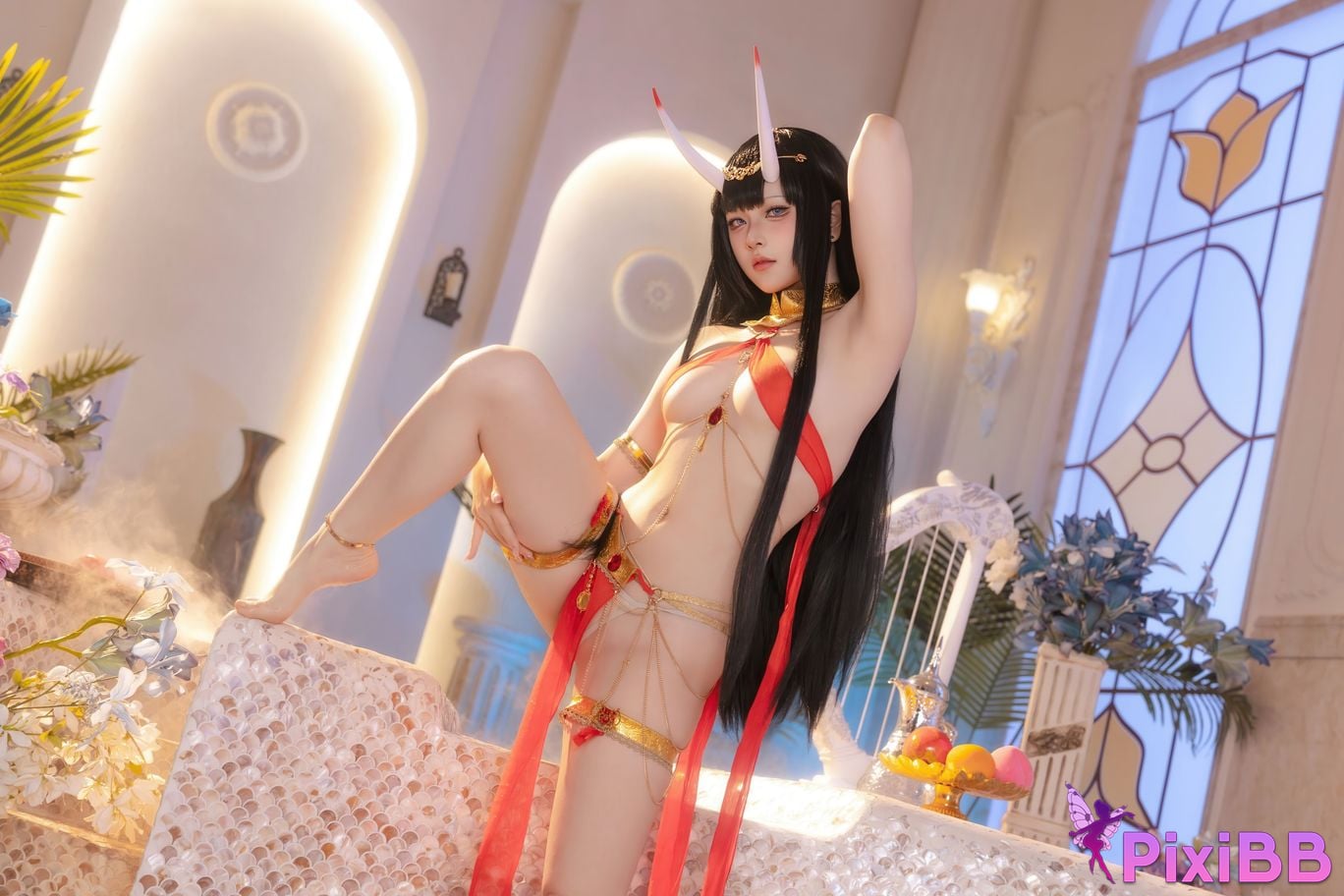 Cosplayer Island fish azur lane Noshiro Red gauze bath shadow PixiBB.COM 033