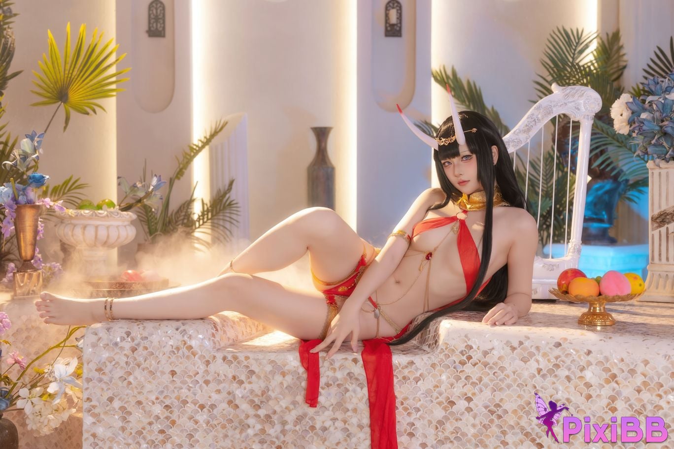 Cosplayer Island fish azur lane Noshiro Red gauze bath shadow PixiBB.COM 035