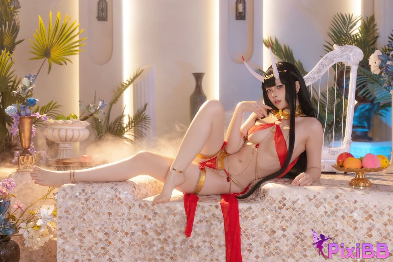 Cosplayer Island fish azur lane Noshiro Red gauze bath shadow PixiBB.COM 036