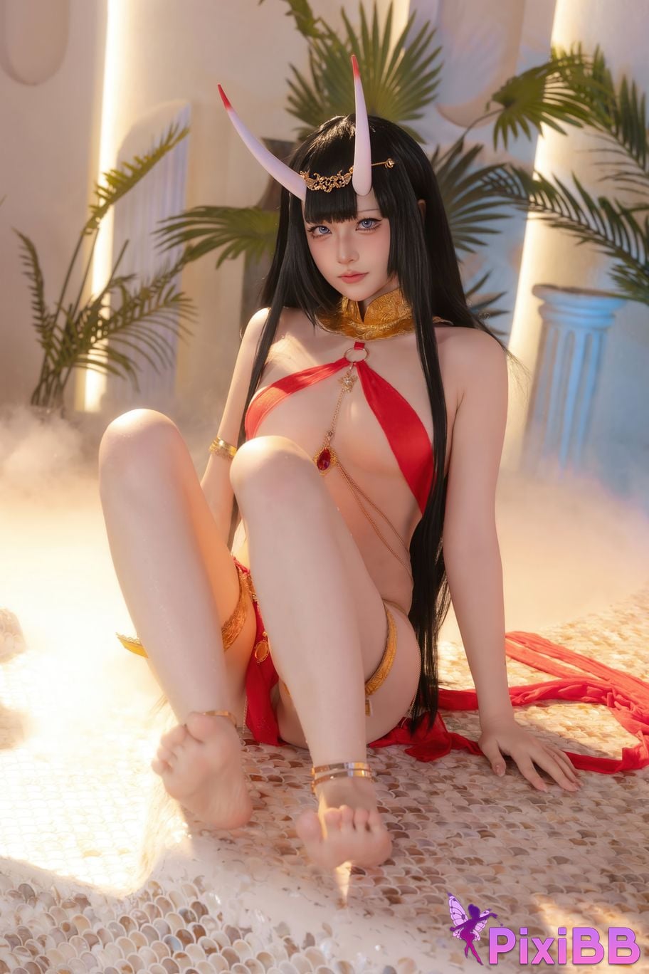 Cosplayer Island fish azur lane Noshiro Red gauze bath shadow PixiBB.COM 072