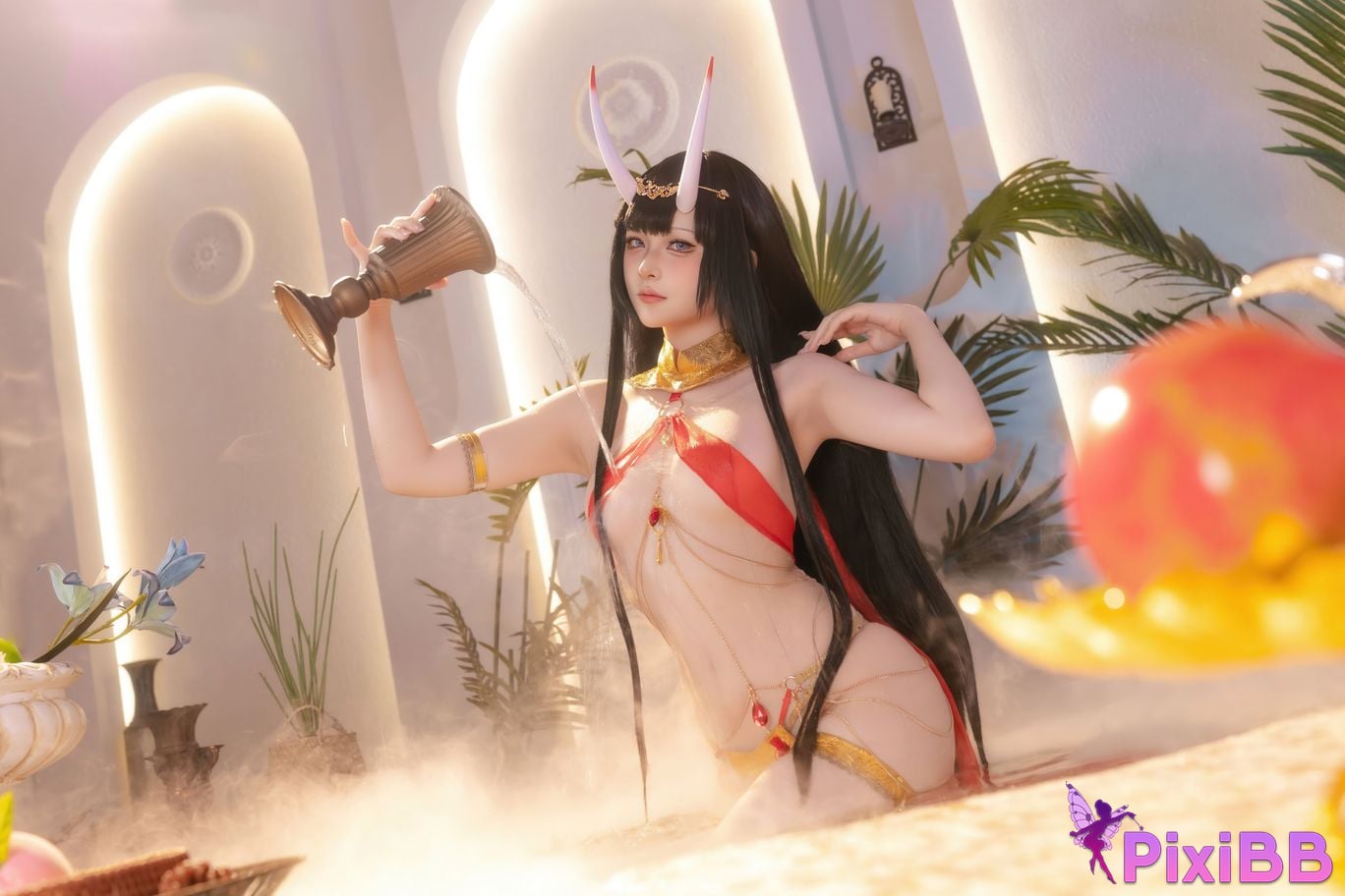 Cosplayer Island fish azur lane Noshiro Red gauze bath shadow PixiBB.COM 077