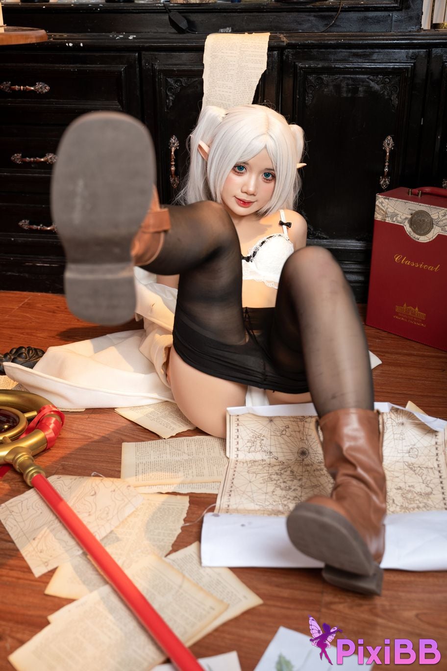 Cosplayer PoppaChan Frieren Winter Florian black silk short boots winter clothing S PixiBB.COM 013