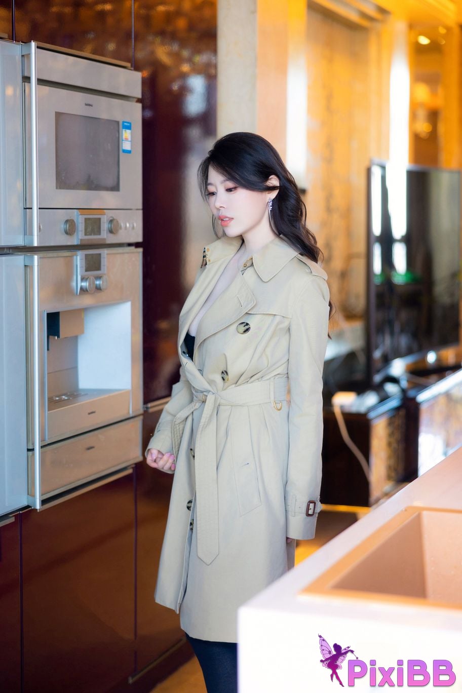 No watermark for in app purchases Bai Ru Xue Ruxue XIUREN model black silk trench coat PixiBB.COM 002