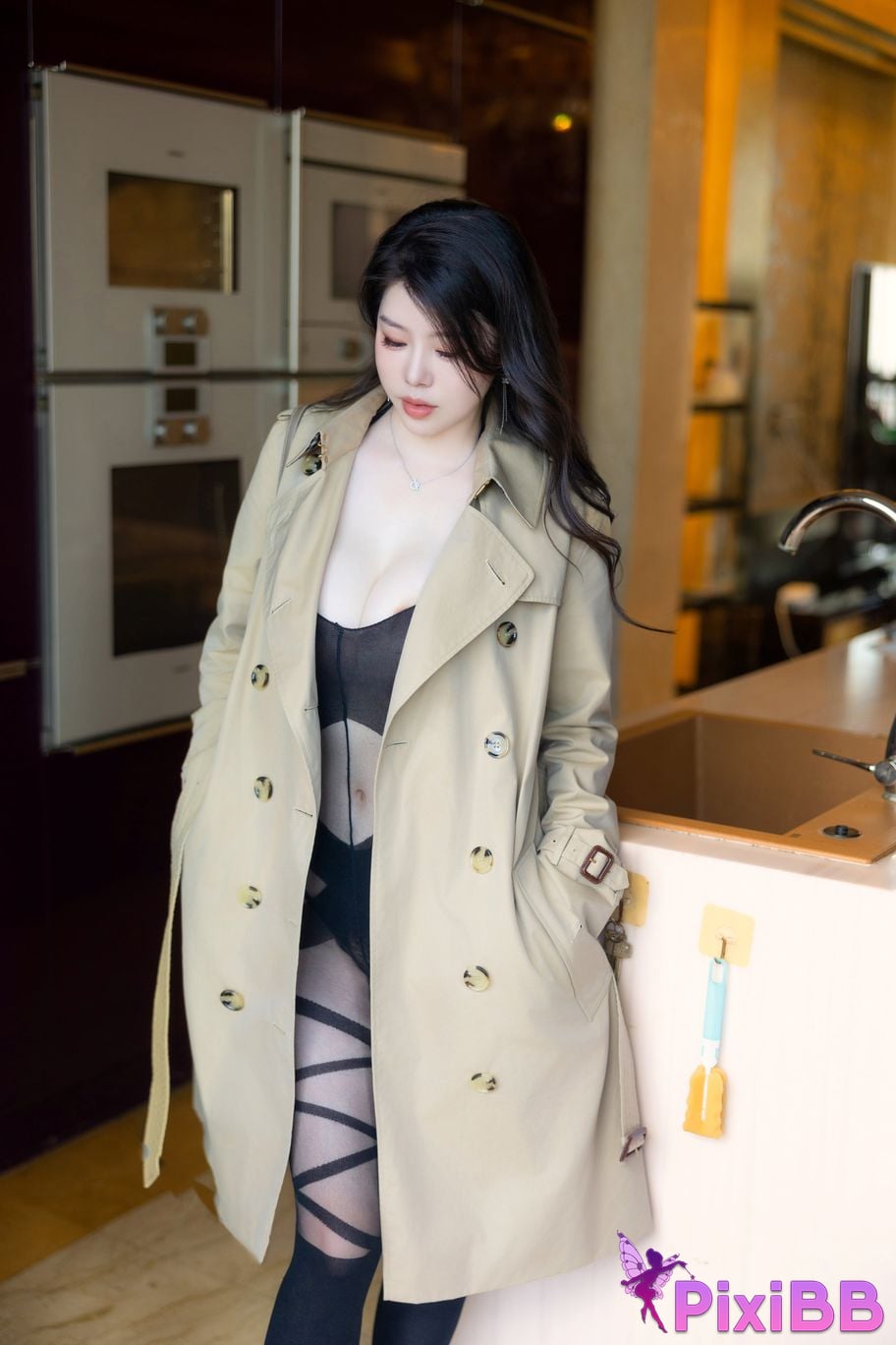 No watermark for in app purchases Bai Ru Xue Ruxue XIUREN model black silk trench coat PixiBB.COM 006