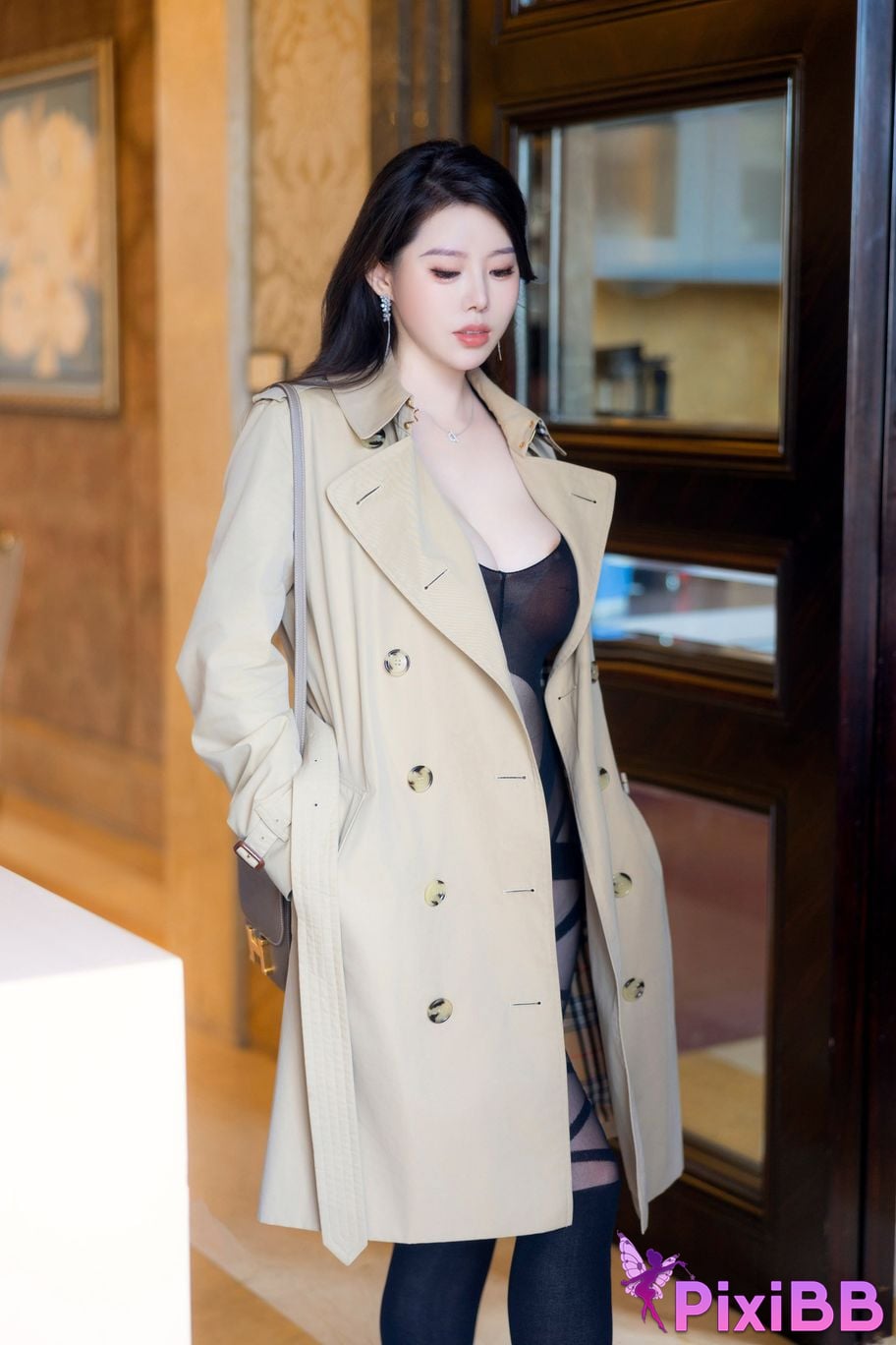 No watermark for in app purchases Bai Ru Xue Ruxue XIUREN model black silk trench coat PixiBB.COM 008