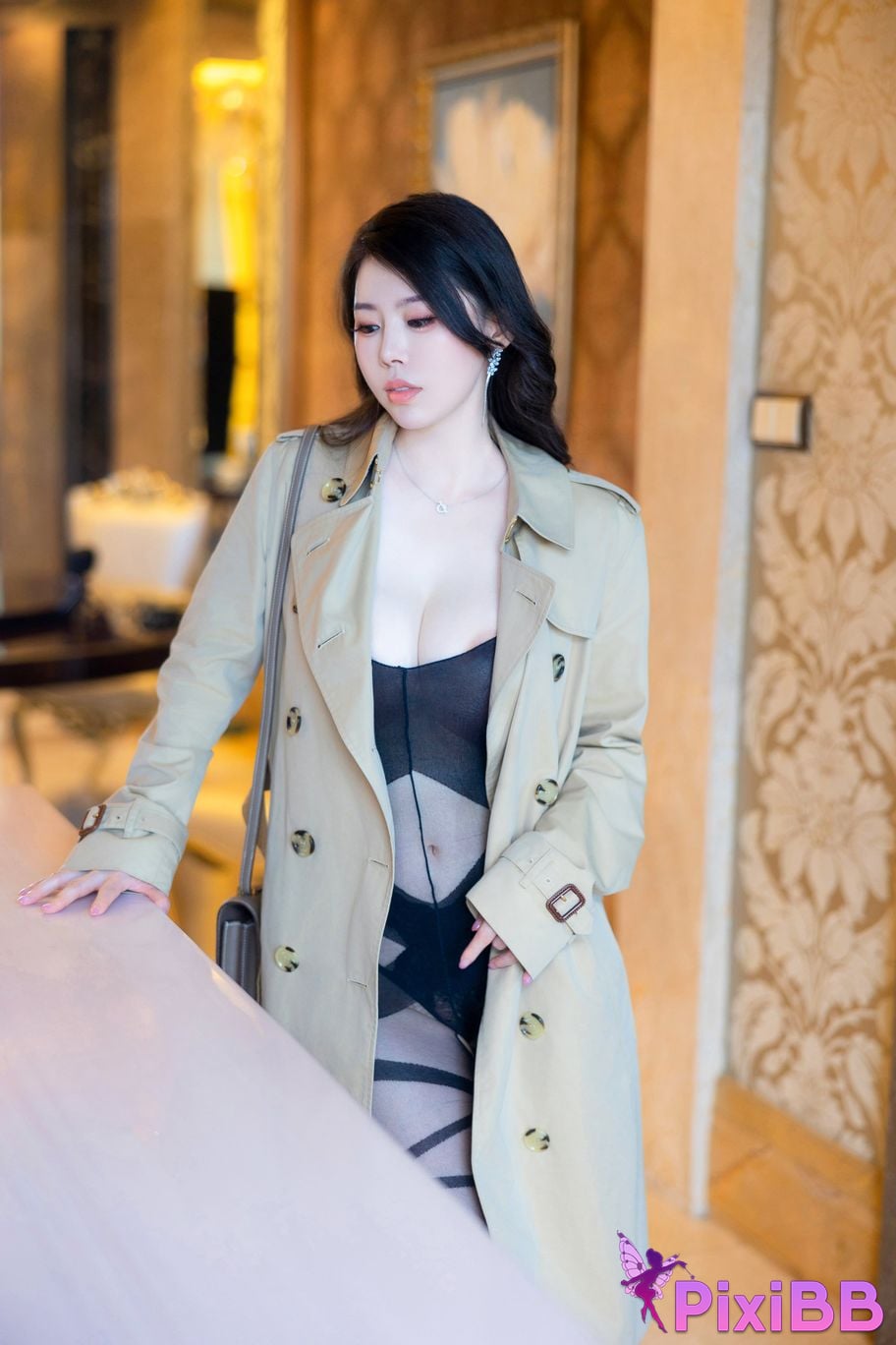 No watermark for in app purchases Bai Ru Xue Ruxue XIUREN model black silk trench coat PixiBB.COM 009