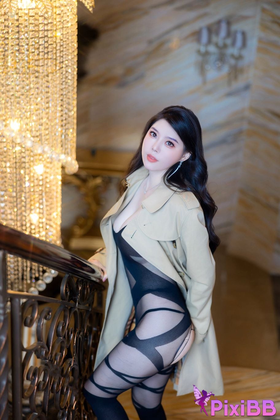 No watermark for in app purchases Bai Ru Xue Ruxue XIUREN model black silk trench coat PixiBB.COM 013