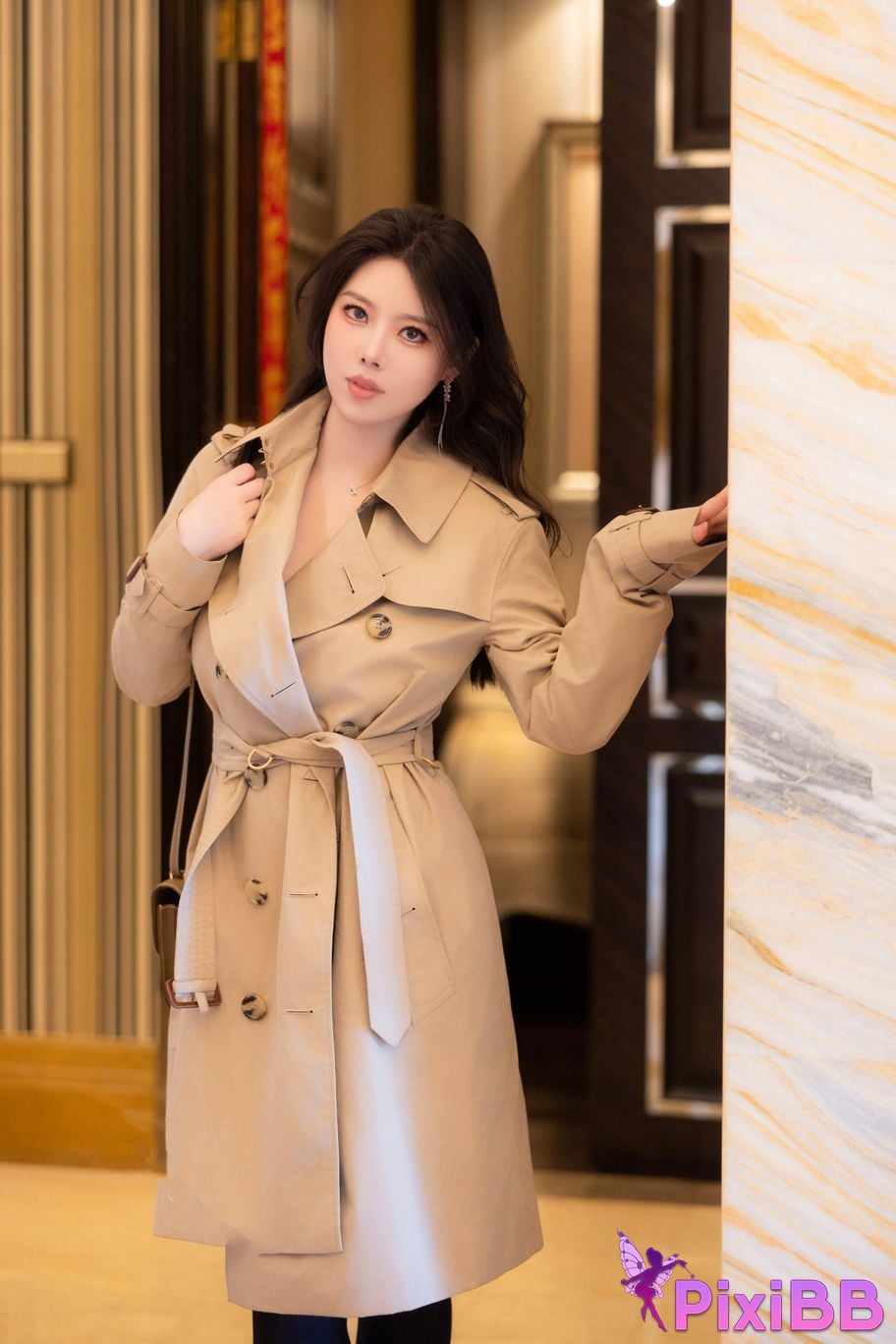 No watermark for in app purchases Bai Ru Xue Ruxue XIUREN model black silk trench coat PixiBB.COM 073